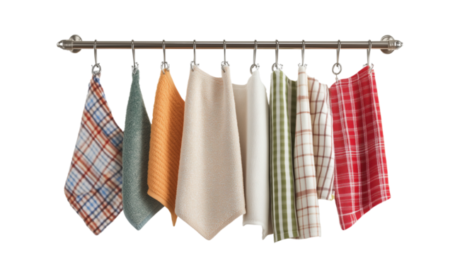 A close-up view of textured kitchen towels in neutral tones hanging on a rack mounted isolated on transparent background