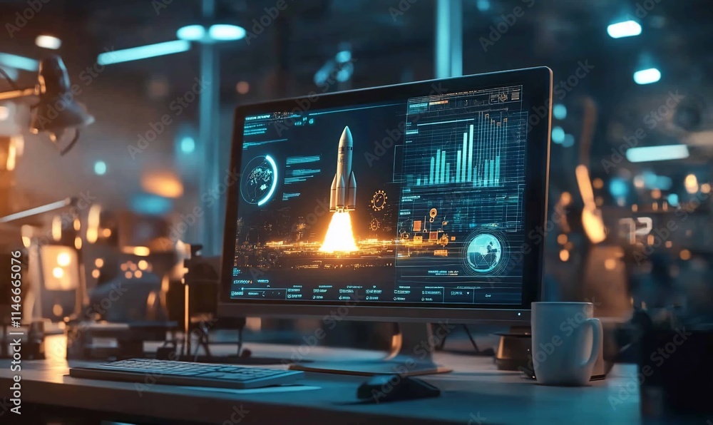Aufkleber a futuristic workspace with a computer displaying a rocket launch simulation.