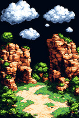 Pixel art landscape with path between rock cliffs, plants, dark sky and clouds, for game backgrounds and creative projects.