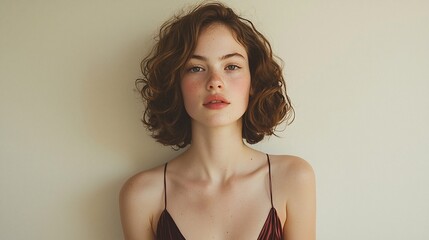 Portrait of a young woman with curly auburn hair and subtle makeup against a beige background.
