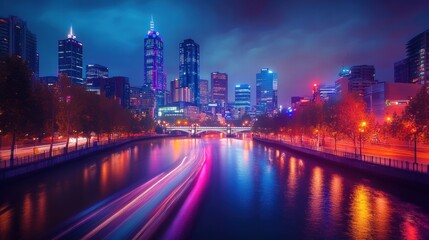 Fototapeta premium melbourne cityscape night lights river reflection