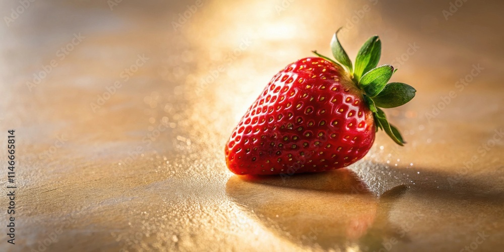 Poster a single ripe strawberry with green leaves rests on a golden textured surface, bathed in warm sunlig