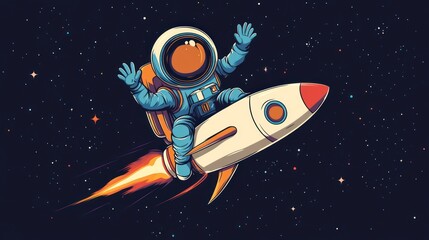 A cartoon astronaut joyfully riding a rocket through a starry space background.