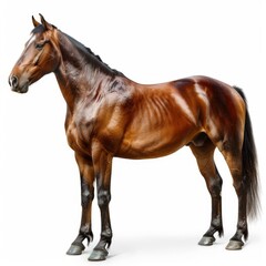 Naklejka premium Studio shot of a muscular bay horse standing against a white backdrop, showcasing its strength and elegance
