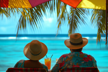 A couple enjoying coconut drinks under a colorful umbrella, dressed in vibrant tropical prints and straw hats