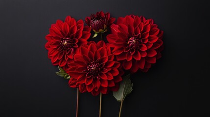 Bold red dahlias against a sleek black backdrop, close-up shot, Minimalist style © ArpPSIqee