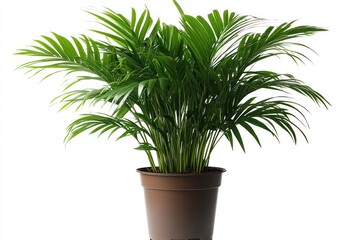 Obraz premium Lush green parlor palm in a brown pot against a white background.