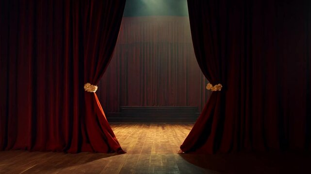 A large red curtain opens to reveal an empty stage.