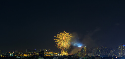 The blurred background of fireworks (light trails) is beautiful at night, seen in the New Year holidays, Christmas events, for tourists to take pictures during public travel.