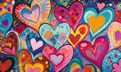 Fototapeta premium Vibrant colorful painting of many hearts.