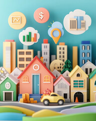Success mindset: becoming conscious of your path to achievement concept. Colorful miniature cityscape with homes, buildings, and financial icons
