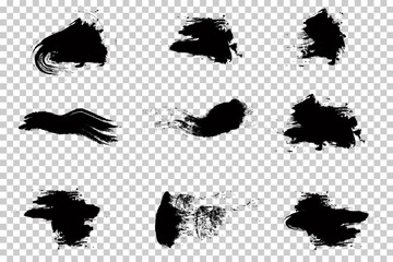 Set of Black Grunge Brush Strokes on Transparent Background for Creative Graphic Design Projects