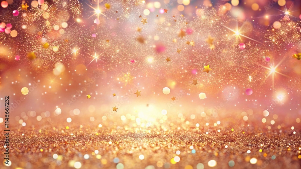 Poster a shimmering, gold and pink abstract background with stars and confetti floating on a glittery surfa