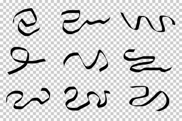 Collection of Abstract Black Ribbon and Wave Shapes - Decorative Silhouettes on Transparent Background