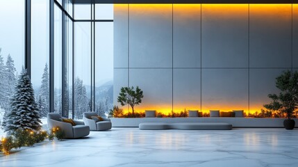 Modern winter lobby with cozy seating and greenery