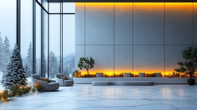 Modern winter lobby with cozy seating and greenery