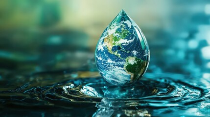 Digital rendering of a water droplet shaped like Earth, blending blue and green tones, symbolizing conservation, sustainability, and environmental harmony. Perfect for eco-awareness themes.
