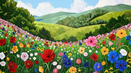 Vibrant Wildflower Meadow Landscape: A Serene Hillside Bloom