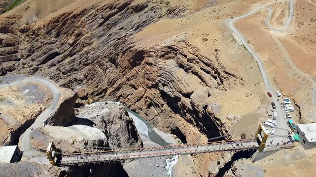 Aerial view of chicham bridge the highest bridge in asia at the height of 13596 ft and connects the two villages named chicham and kibber at spiti valley, India.