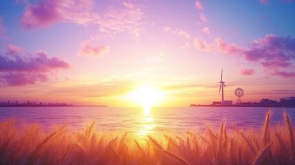 Obraz premium Serene Sunset Over Coastal City with Wind Turbine