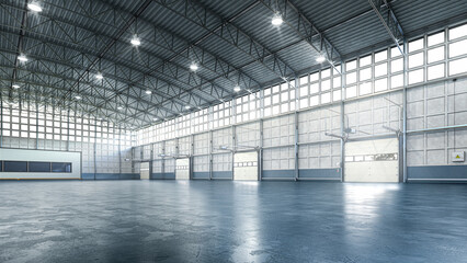 Interior of an empty illuminated warehouse. 3d illustration