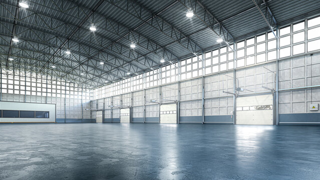 Interior of an empty illuminated warehouse. 3d illustration