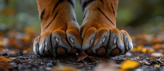 Close-up of tiger paws on autumn ground.