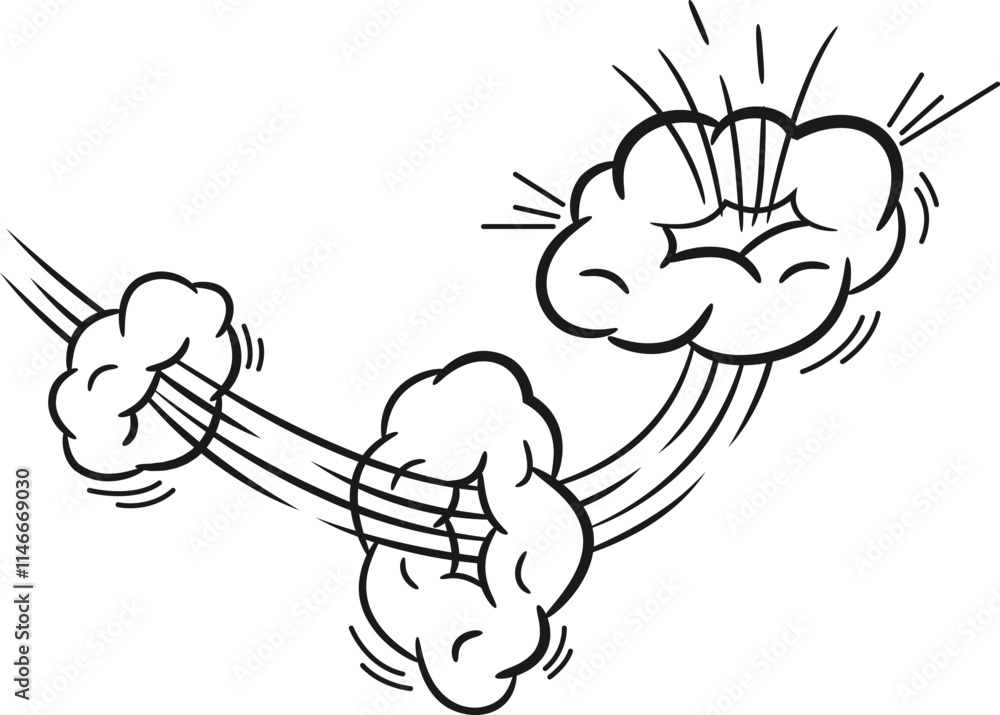 Poster hand drawn cartoon clouds are exploding with speed lines and smoke puff effect, creating a dynamic a
