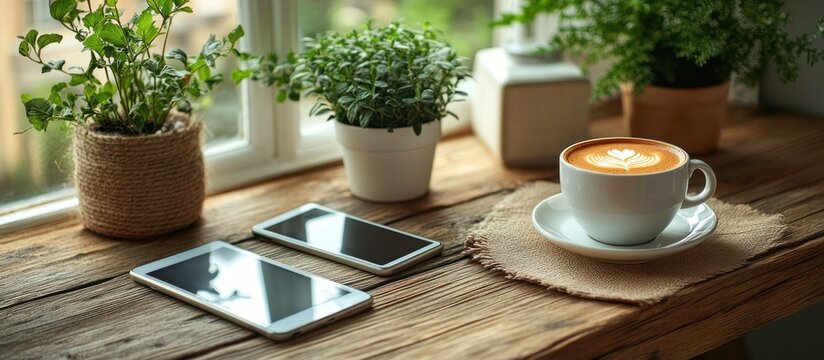 Relaxing morning scene with coffee, plants, and smartphones on rustic wooden windowsill.