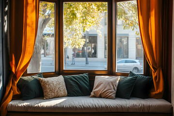 Cozy window seat with cushions, framed by warm curtains and a view of autumn trees outside.