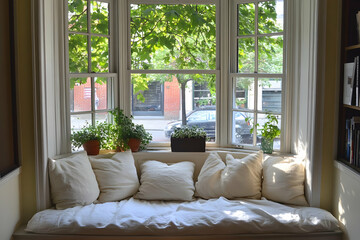 A cozy window seat adorned with cushions and plants, overlooking a lively street.