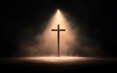 Dramatic light illuminating a wooden cross in a dark smoky environment.