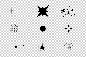 Collection of Black Sparkle and Star Icons - Decorative Silhouettes on Transparent Background