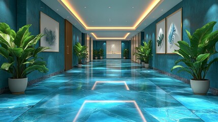 Fototapeta premium Elegant hallway with blue marble floor and greenery
