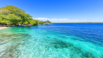 Fototapeta premium Serene Tropical Lagoon with Tranquil Waters and Island Structure