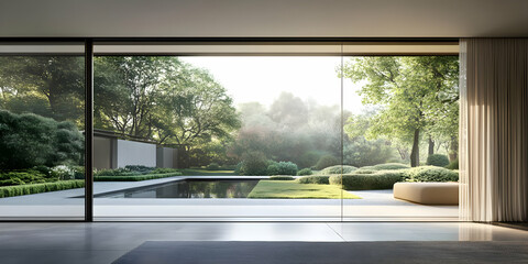 A serene view of a landscaped garden through large glass windows.