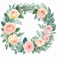 Elegant watercolor wreath of pastel pink and yellow roses and eucalyptus leaves. Perfect for wedding invitations or romantic designs.
