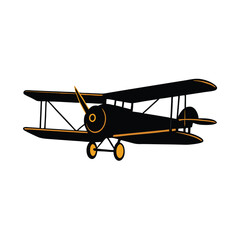 a black and red illustration of an old biplane.