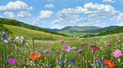 Obraz premium Vibrant Wildflower Meadow in Rolling Hills Landscape
