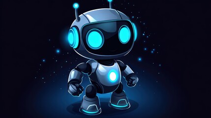 A cute, futuristic robot character with glowing blue accents against a dark background.