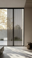 Modern interior with vertical blinds and a view of a serene outdoor space.