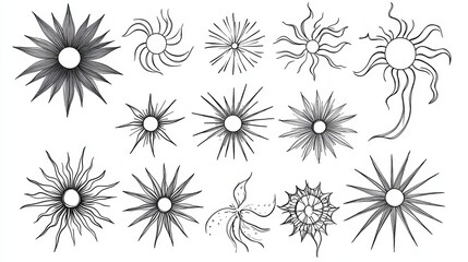 Abstract sun burst collection - hand drawn sunshine lines set. Sunshine and sunburst radial shape, star line burst, vector illustration, Sunburst gold vintage explosion. Handdrawn vector Design.