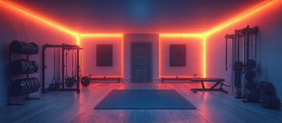 Obraz premium Modern home gym with orange LED lighting, weights, and exercise equipment.