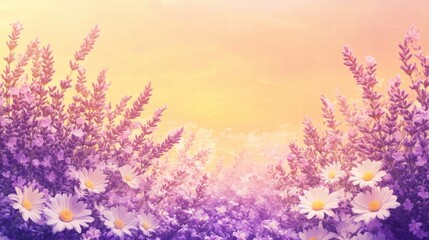 Naklejka premium lavender and daisy field at sunset