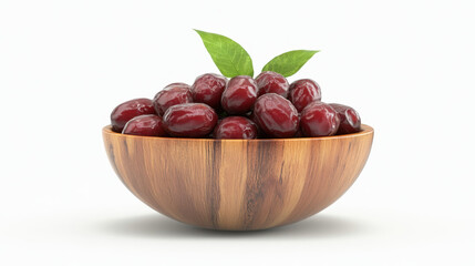 Obraz premium A wooden bowl filled with fresh, shiny red olives, topped with green leaves, showcasing a vibrant and natural presentation.