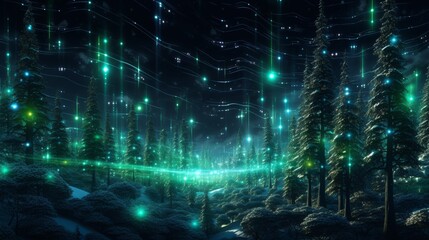Obraz premium Christmas forest, trees with glowing digital neural networks