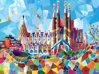 Obraz premium Colorful artistic representation of a famous basilica with a vibrant backdrop in a city