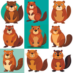 Funny Beaver Character in Different Actions Big Vector Set flat cartoon design illustration