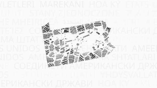 Pennsylvania intro animation. State with counties illustration video. Background with state names in various languages. Counties of Pennsylvania animation. Trending video.