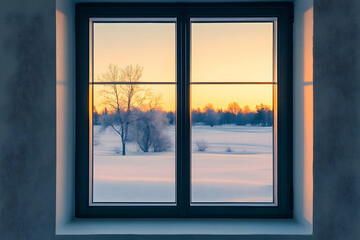 Fototapeta premium A serene winter landscape viewed through a window at sunset, showcasing snow and trees.